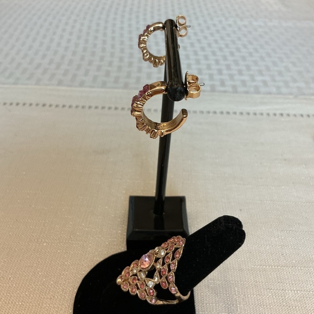 Pink Rhinestone Gold Tone Cocktail Ring and Earring Set - Picture 2 of 4